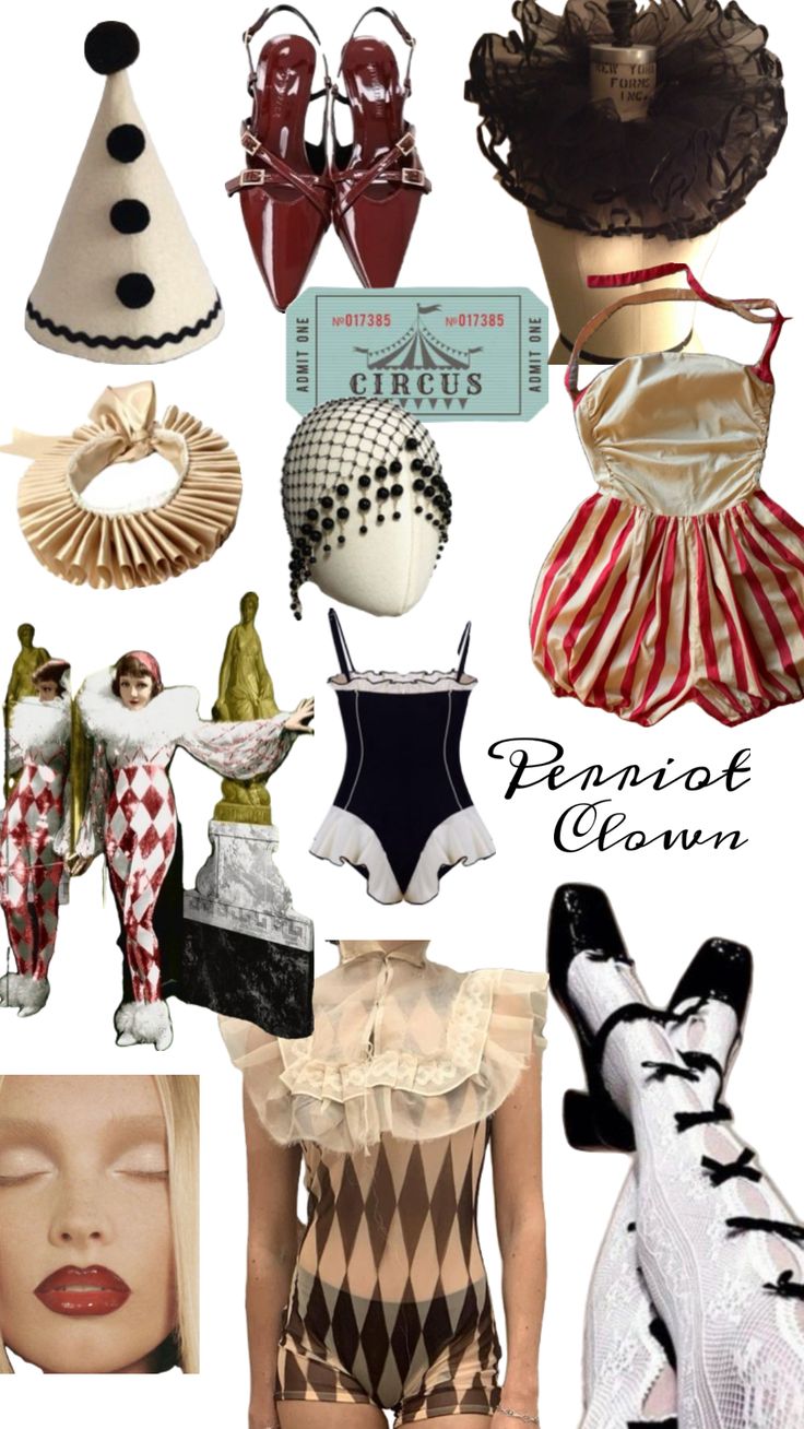 several different types of clothing and hats on display with the words pinot clown written below them