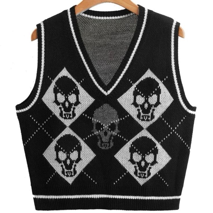 Nip Skull & Argyle Pattern Sweater Vest Black/White. Argyle Vest, Argyle Print, Egirl Clothes, Skull Sweater, Crop Pullover, Girl Sleeves, Knit Sweater Vest, E Girl, Sweater Vest Women