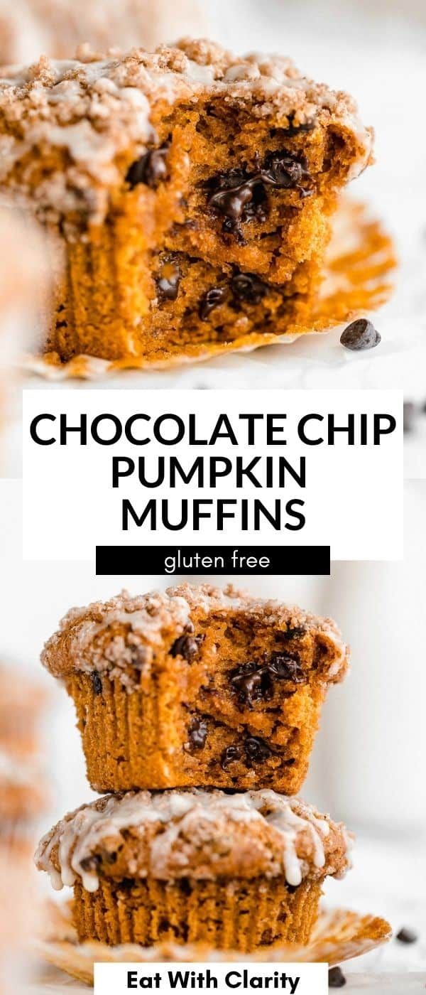 chocolate chip pumpkin muffins stacked on top of each other with text overlay