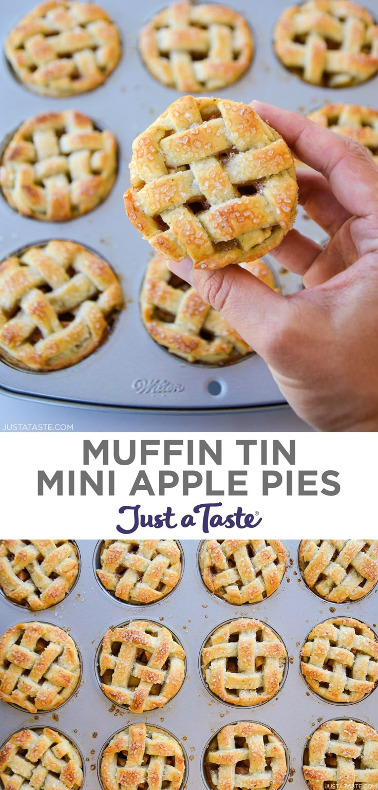 mini apple pies in a muffin tin on a baking sheet with text overlay