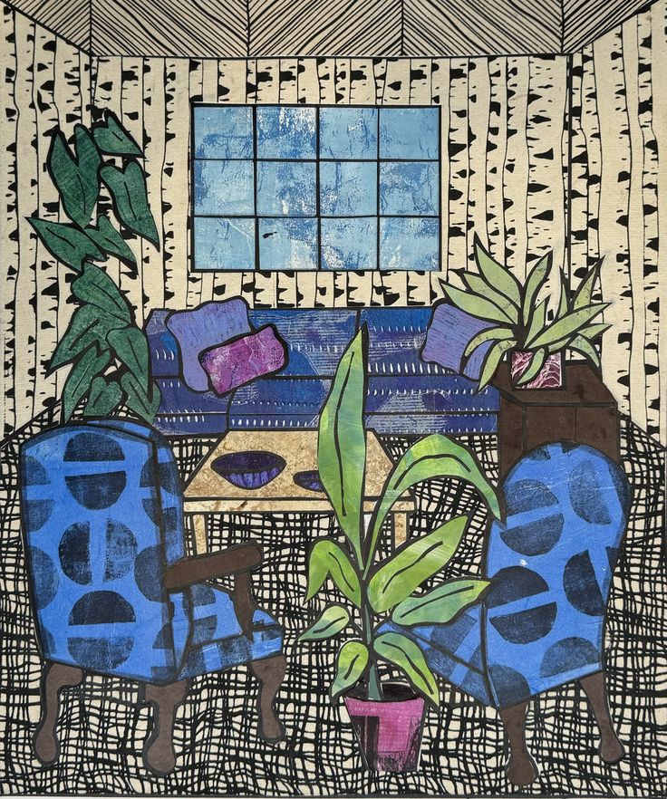 a drawing of a living room with blue couches and potted plants on the table