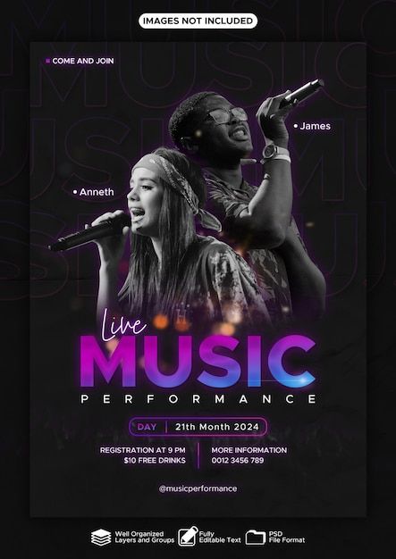 the poster for live music performance with two people on stage and one person holding a microphone