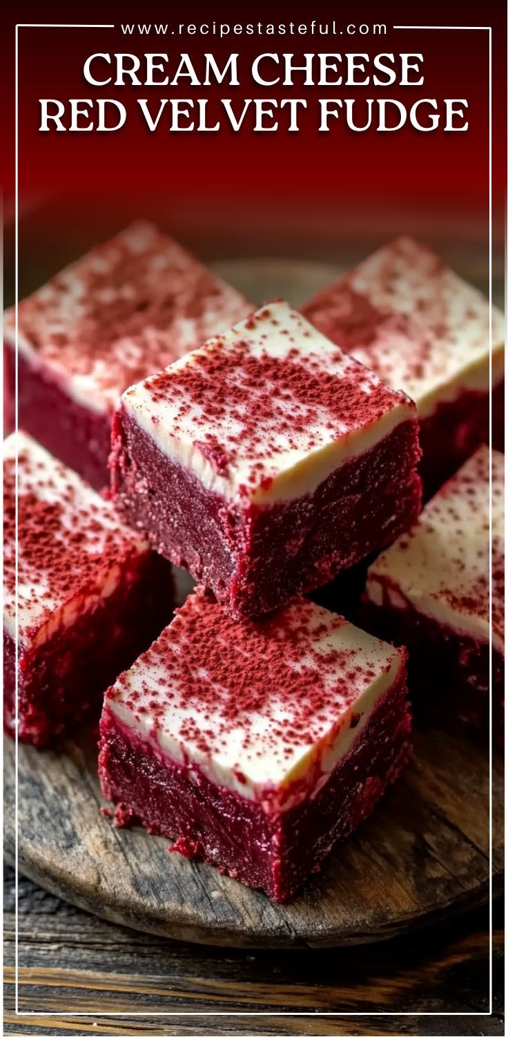 red velvet fudge cake on a plate with the words, cream cheese red velvet fudge