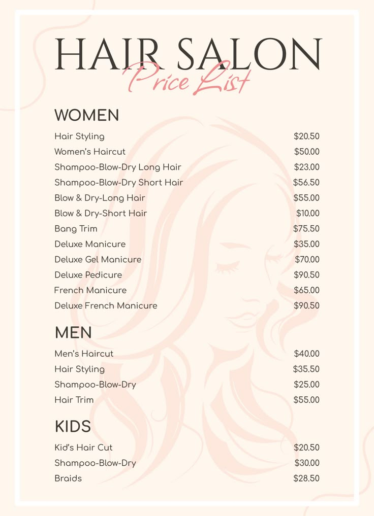 the hair salon price list for women