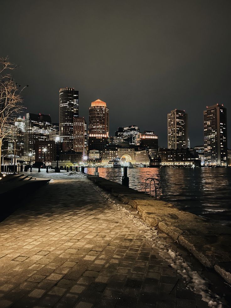 the city skyline is lit up at night