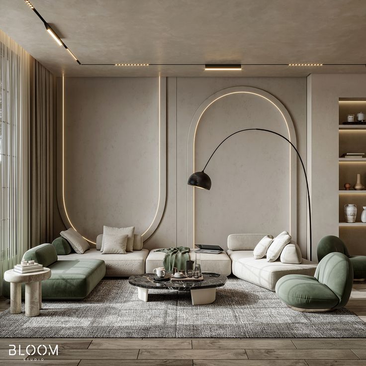 a modern living room with green and white furniture