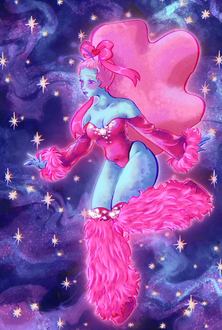 a painting of a woman in pink and blue with stars on the sky behind her