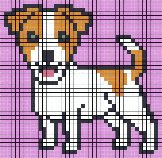 a cross stitch dog on a purple background