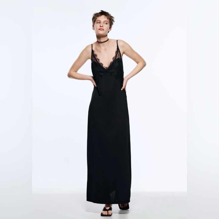 *Brand New* Spaghetti Strap Maxi Slip Dress With Lace V-Neck On Front And Back. Dress Pulls In, No Zipper. Size: L Measurements Taken While Laying Flat Bust: 19” Waist: 18” Hips: 20” Top To Bottom: 56” Black V-neck Slip Dress With Lace Trim, Black Maxi Dress For Summer Nights, Black Summer Maxi Dress For Night, Chic Maxi Length Night Dress, Chic Maxi Dresses For Night, Chic Cami Maxi Dress For Party, Chic Night Maxi Dress, V-neck Maxi Dress With Lace Trim For Night Out, Black V-neck Maxi Dress For Night