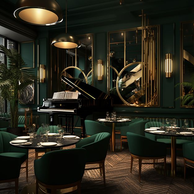 a dining room with green chairs, tables and a piano in the middle of it