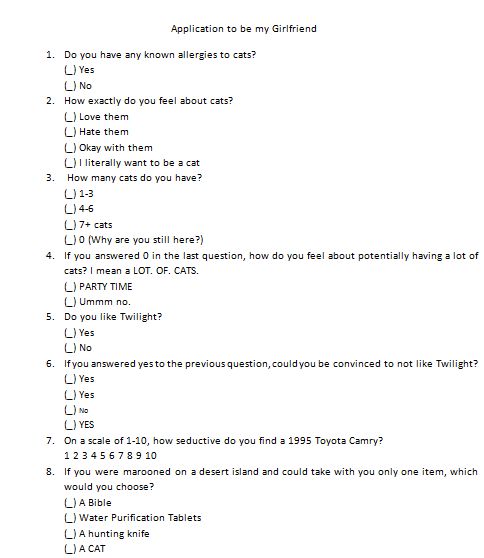 a checklist with question marks on it and the words'application to be my girlfriend '