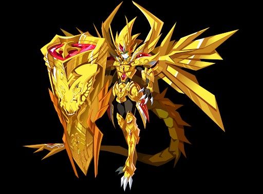 the golden dragon is standing in front of a black background with red and yellow accents