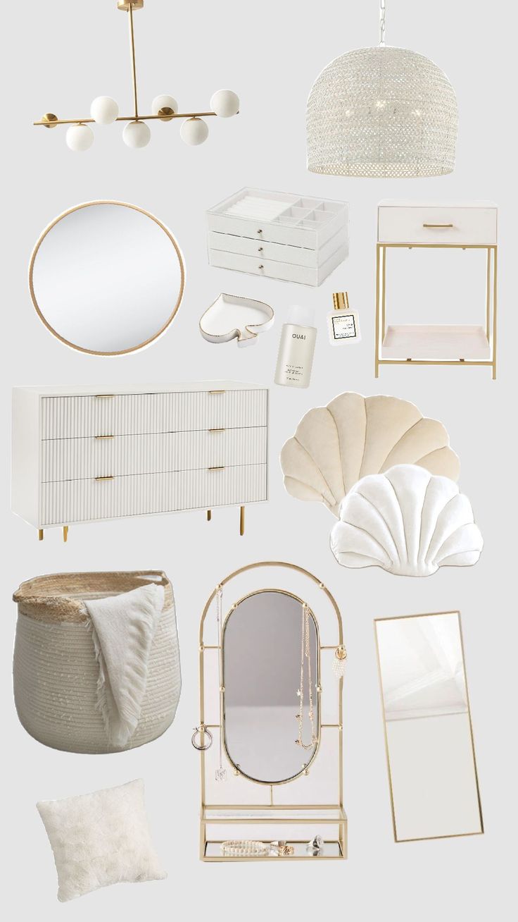 a white and gold bedroom with lots of items on the wall, including a mirror, dresser