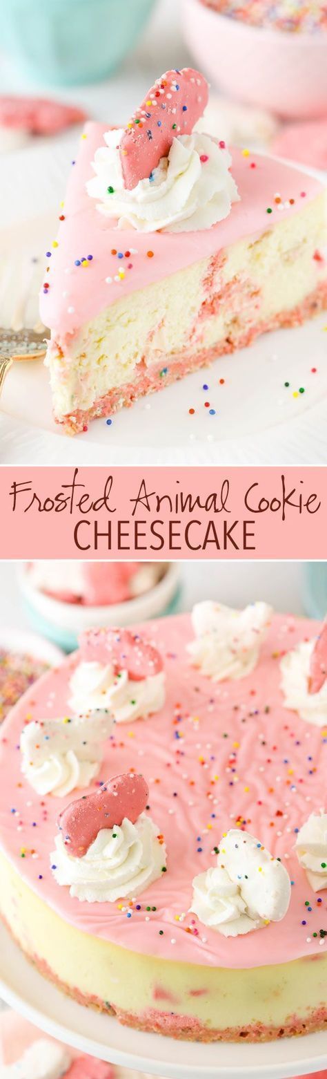 a slice of frosted animal cookie cheesecake on a plate with sprinkles