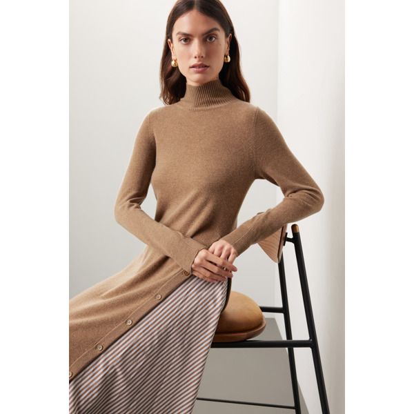 Brown knit (90% Wool, 10% Cashmere). A-line. Long sleeves. Turtleneck. Pull on. 45" from shoulder to hemline. Imported. Chic Beige Turtleneck Dress, Stretch A-line Midi Dress For Fall, Chic A-line Sweater Dress For Fall, Elegant Fall Dresses For Layering, Elegant Dresses For Fall Layering, Elegant Sweater Dress For Work In Fall, Chic Midi-length Sweater For Spring, Elegant Knee-length Sweater For Spring, Beige Dress For Layering In Fall