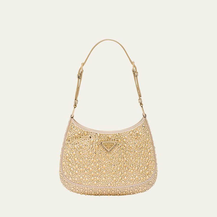 Prada crystal-embellished silk hobo shoulder bag with leather trim Adjustable shoulder strap Open top with push-lock closure Exterior, logo triangle at front Interior, slip pocket Approx. 7.2"L x 8.6"W x 1.7"D Made in Italy Luxury Baguette Shoulder Bag With Dust Bag, Luxury Handheld Baguette Bag, Luxury Baguette Shoulder Bag With Detachable Handle, Luxury Baguette Bag For Shopping, Luxury Hobo Bag With Top Carry Handle, Luxury Baguette Shoulder Bag For Everyday Use, Luxury Baguette Bag With Gold-tone Hardware, Luxury Baguette-shaped Shopping Bags, Luxury Baguette Shopping Bags