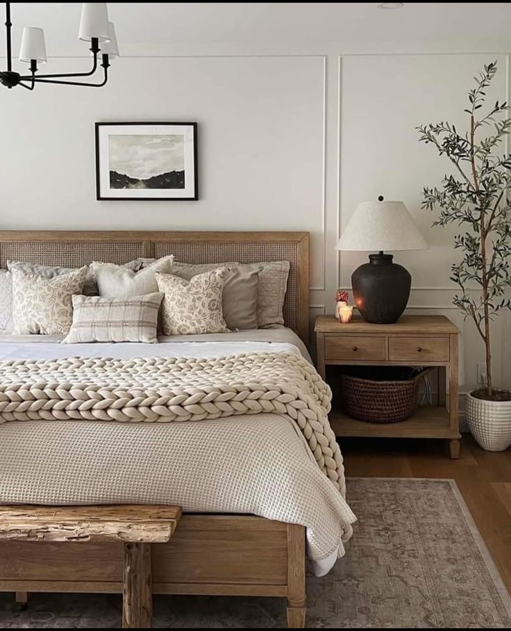 a large bed sitting next to a wooden dresser and lamp in a room with white walls