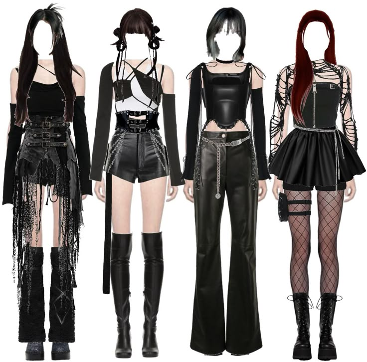 Black Dress Kpop Outfit, Kpop Outfit Women, Kpop Boots Outfit, Kpop Stage Outfits Ideas Black, All Black Kpop Outfit, Recording Studio Outfits, All Black Stage Outfit, Black Outfits Kpop, Lesserafim Outfit Ideas