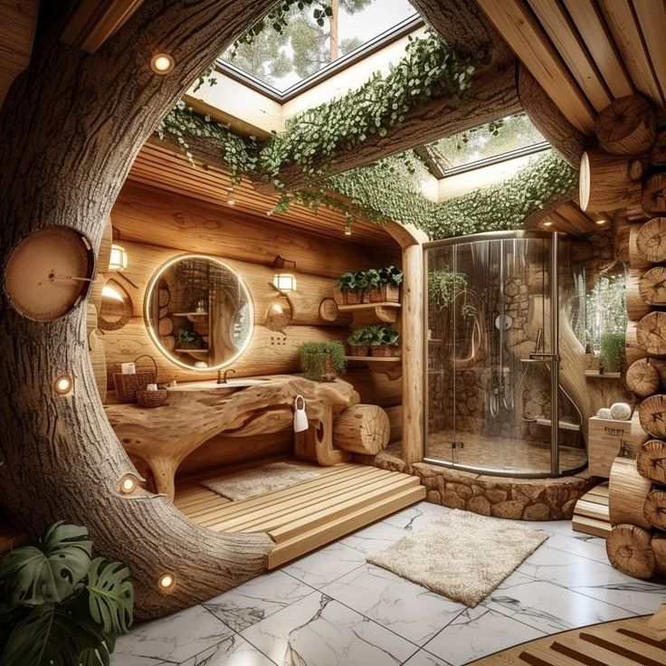 a bathroom that has a tree in it