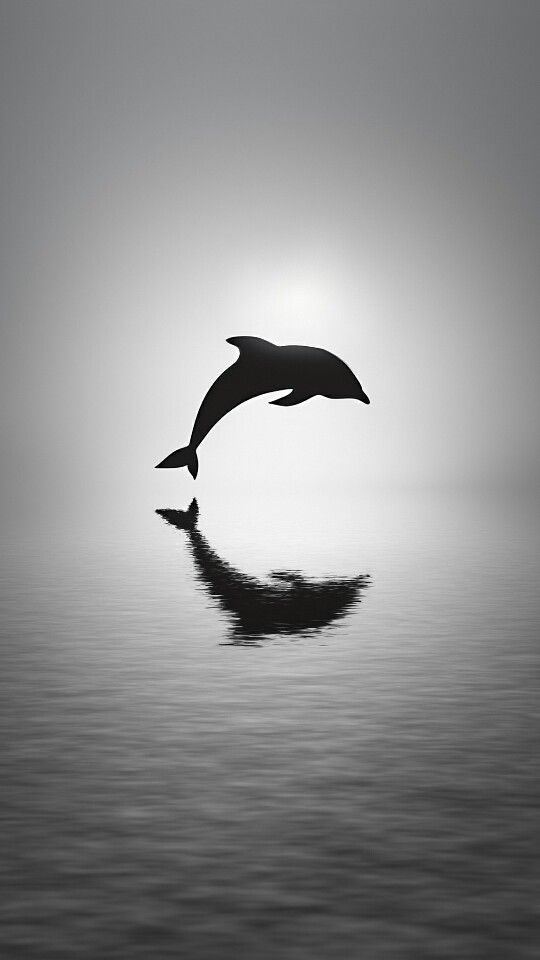 two dolphins are swimming in the ocean on a foggy day with sun shining behind them