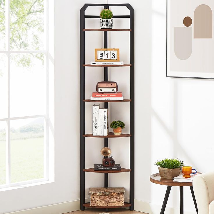 a corner shelf with books and magazines on it in a white living room next to a window