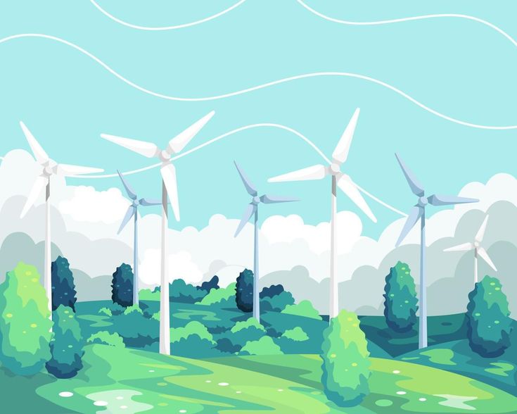 a bunch of windmills that are standing in the grass by some bushes and trees