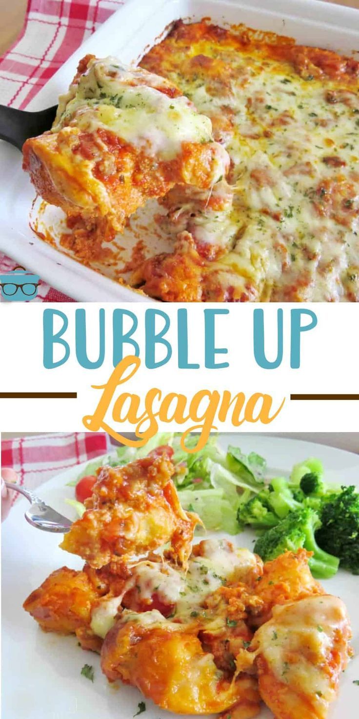 two pictures of lasagna and broccoli with the words bubble up lasagna