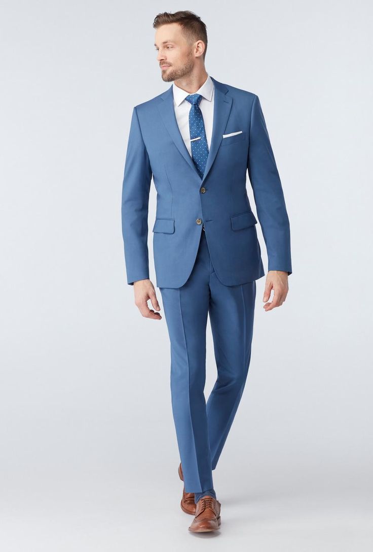 Medium Blue Suit Wedding, Tailored Blue Wool Suit, Blue Wool Suits For Work, Blue Wool Suits For Workwear, Fitted Light Blue Office Blazer, Blue Wool Suit With Pressed Crease, Formal Blue Wool Suits, Blue Wool Suits With Pressed Crease, Blue Wool Suits For Formal Occasions