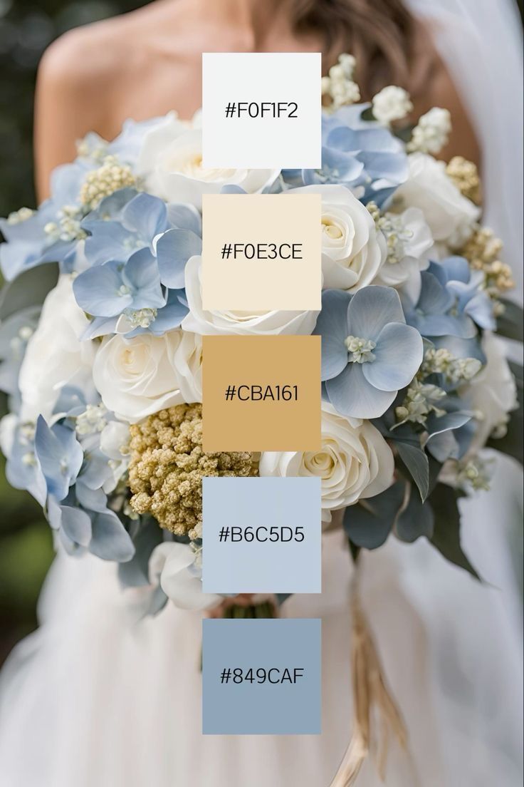 a bride holding a bouquet with blue and white flowers on it, labeled for each color