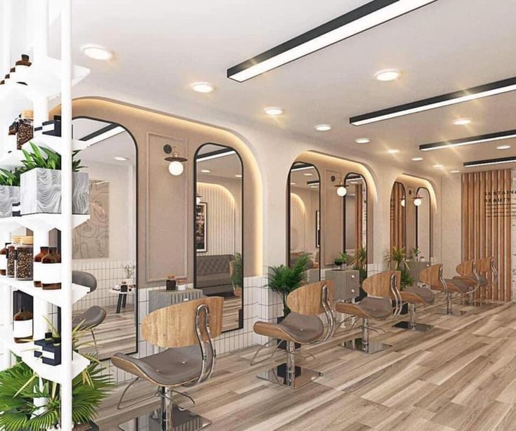 an artist's rendering of the interior of a hair salon with chairs and mirrors