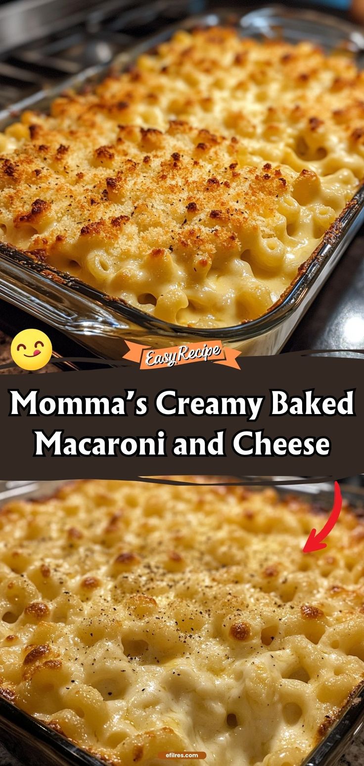 two pictures of macaroni and cheese in pans with the words momma's creamy baked macaroni and cheese