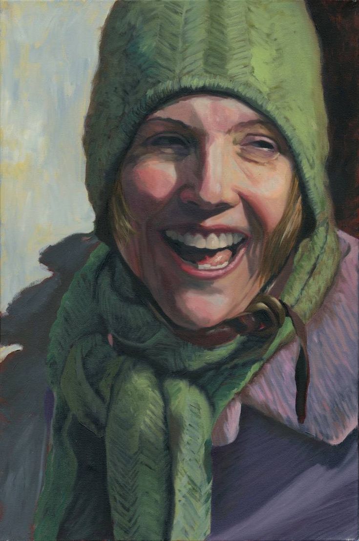 a painting of a woman wearing a green hat and scarf with a smile on her face