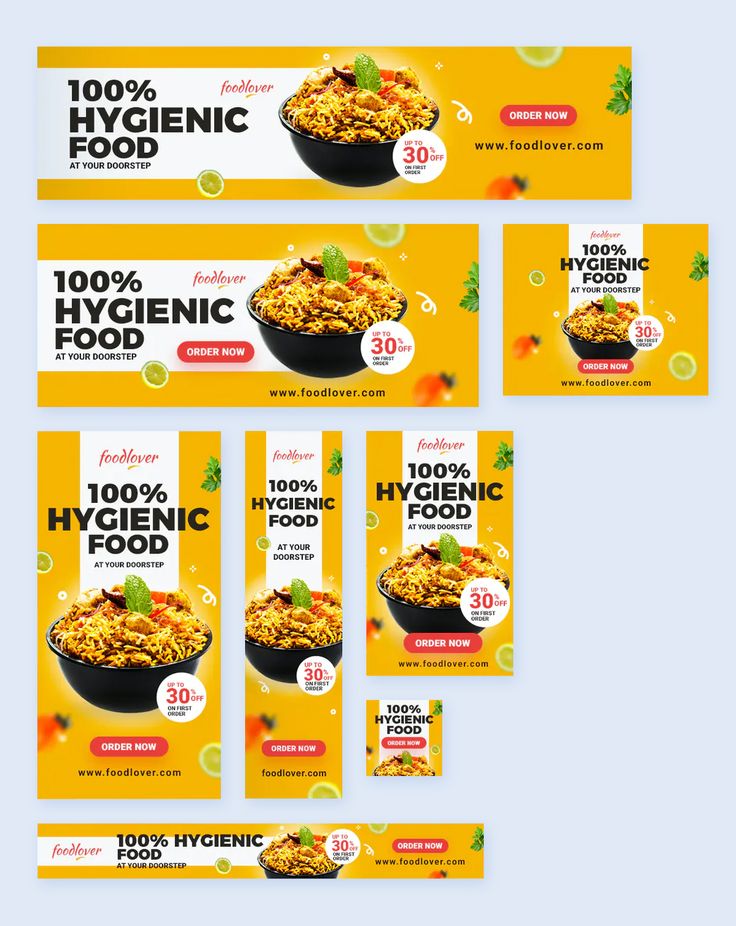 four banners with different types of food on the front and back of them, one is yellow