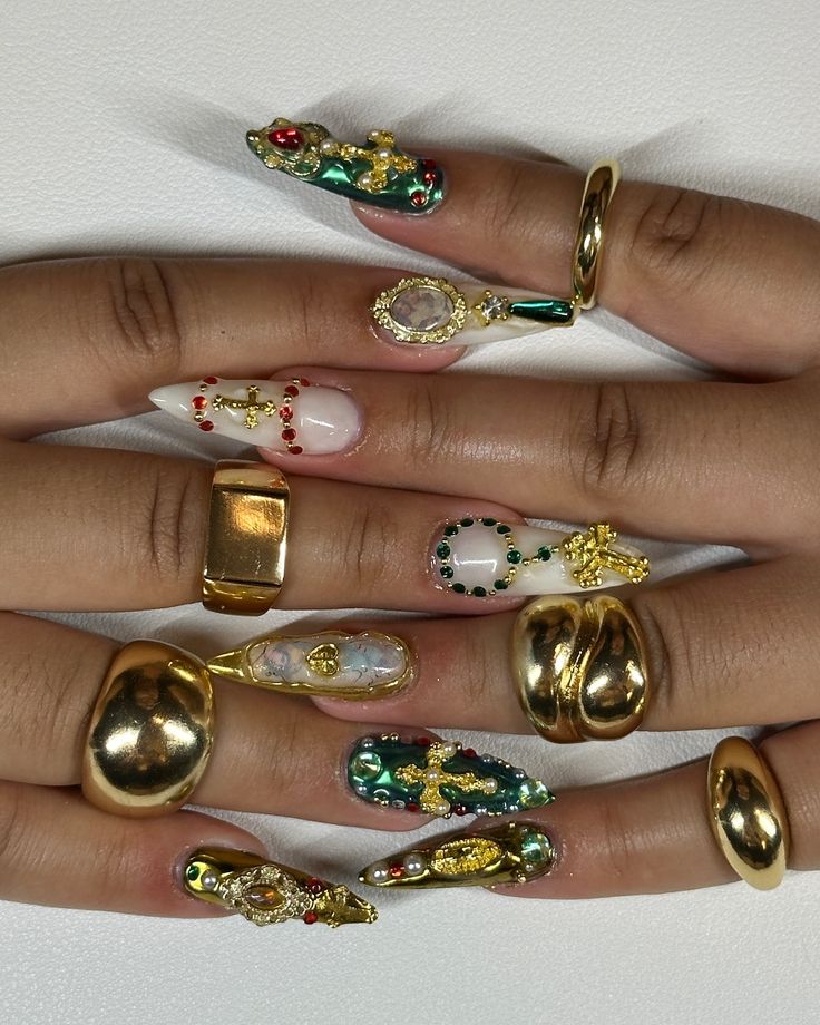 catholic core ⚜️ inspo @nailsbyaleeshah . . . catholic nails, sacred heart nails, religious nails, gold red and green nails, stiletto nails, gel x nails inspo 2024, #nailsnailsnails #nailart #gelxnails #naildesign #gelnails #gelmani #nailsofinstagram #gelx #nailtech #fypシ #explorepage✨ Nails And Jewelry Aesthetic, Catholic Nails Designs, Rosary Nails Designs, Kali Uchis Inspired Nails, Green Nails Stiletto, Jesus Nails Designs, Sacred Heart Nails, Religious Nails, Virgin Mary Nails