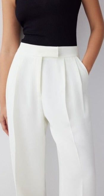 Rever Tailored Pants -  BEVERLY BERG LLC Formal White Wide Leg Pants With Belt Loops, Elegant White Wide Leg Pants With Belt Loops, Chic White Wide Leg Pants With Welt Pockets, Elegant Wide Leg Bottoms With Box Pleat, Formal Summer Bottoms With Pleated Waist, White Bottoms With Welt Pockets For Office, White Office Bottoms With Welt Pockets, Elegant Wide Leg Work Pants With Side Pockets, Modern White Bottoms For Office