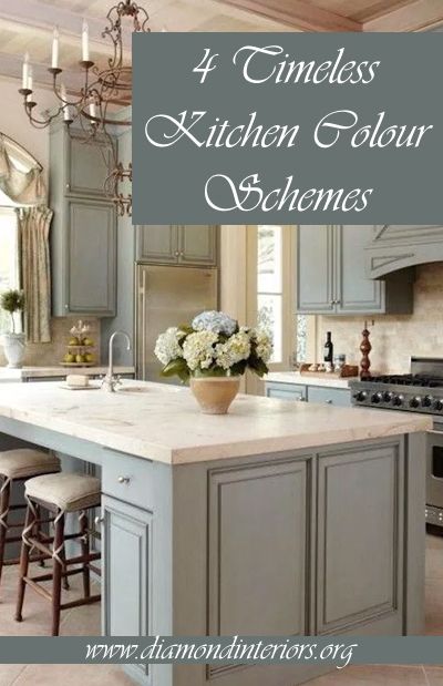 an image of a kitchen with blue cabinets and white counter tops in the center island