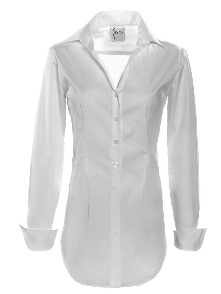 Women's White Button Down Tunic Top | Finley Shirts Timeless Business Casual Blouse With Button Closure, Elegant White Blouse With Hidden Buttons, Elegant Button-up Blouse With Hidden Closure, Timeless Office Blouse With Placket, Timeless Button-up Office Tops, Timeless Button-up Blouse For Business Casual, Fitted Collared Timeless Top, White Long Sleeve Blouse With Hidden Button Closure, Classic White Blouse With Hidden Button Closure