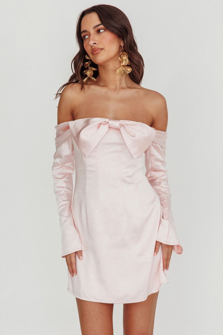 Lilith Off Shoulder Bow Mini Dress Blush by Selfie Leslie Pink Mini Dress Graduation, Off The Shoulder Birthday Dress, Pink Christmas Party Dress, Formal Dress With Fur Coat, Light Pink Silk Dress Short, Light Pink Long Sleeve Dress, Coquette Hoco Dress, Hoco Dress Long Sleeve, Light Pink Birthday Dress