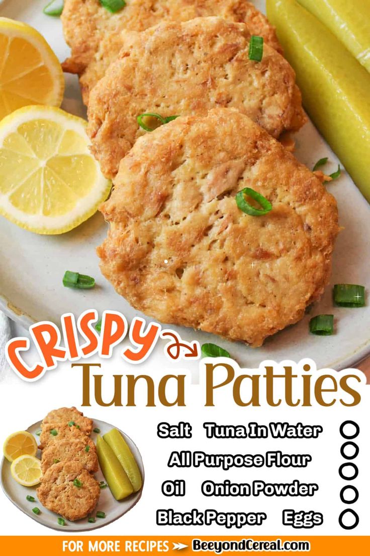 an advertisement for crispy tuna patties on a plate with pickles and lemons