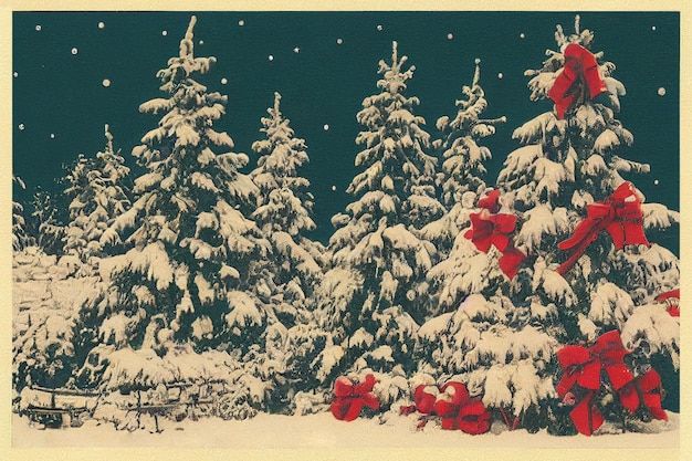 christmas trees covered in snow with red bows