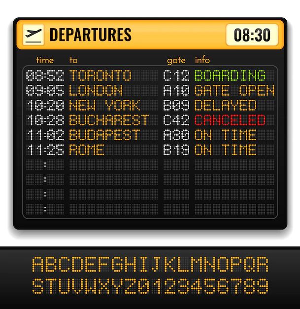 an airport departure board with the time and times displayed on it's display screen