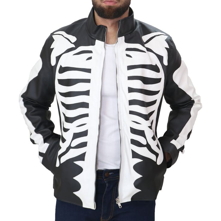 [additional] Skeleton Leather Jacket | Skeleton Halloween Costume It's time to retire your old Halloween costumes in favor of something fresh and unique, like this Reflective skeleton leather jacket. We've included amazing features that make this Vanson skeleton leather jacket the best motorcycle coat, so it's not just a cosplay grab. This Skeleton Sketch Leather Biker Jacket was made with high-quality genuine leather to ensure that it lasts a long time. Skeleton Leather Motorcycle Jacket This s Skeleton Sketch, Zombie Skeleton, Old Halloween Costumes, Halloween Jacket, Skull Jacket, Shearling Jacket Women, Leather Coat Womens, Varsity Letterman Jackets, White Leather Jacket