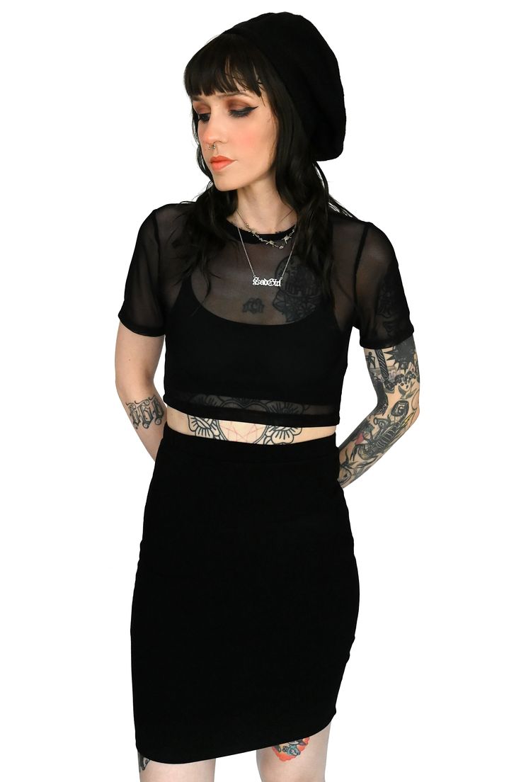 Our Mesh Crop Top is back, now with short sleeves for the summer. Dress it up or down, layering is key with this crop top! Made of our Signature soft 4 way stretch black mesh. (Bra not included, this is a sheer top) First model is wearing a 2XL, paired with our Simple Pencil Skirt. Part of the Foxblood Signature Collection, designed and made by us in Los Angeles. Mesh Bolero, Lace Bolero, Mesh Long Sleeve Top, Mesh Short, Short Sleeve Crop Top, Mesh Crop Top, Mesh Maxi Dress, Mesh T Shirt, Mesh Bra