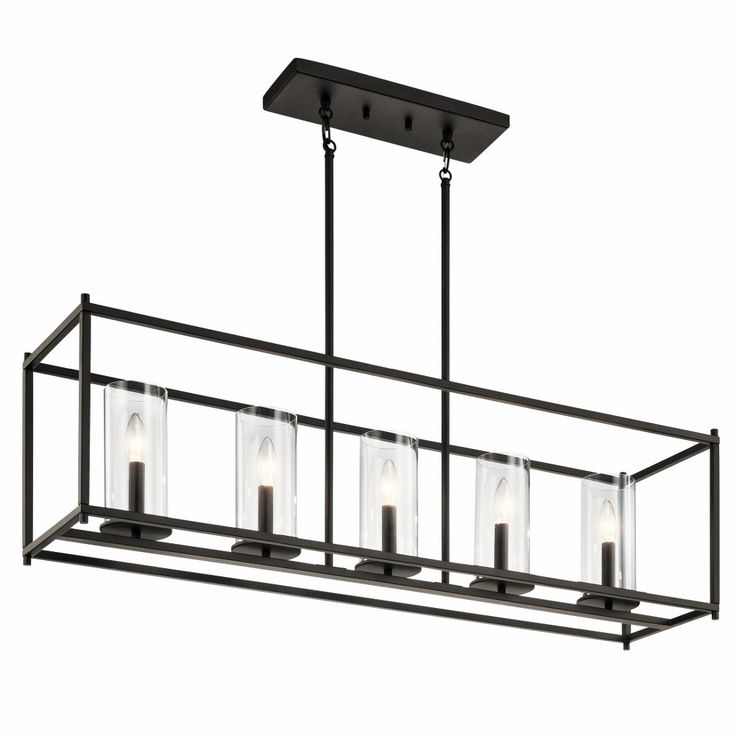 a rectangular light fixture with four lights hanging from it's center and bottom bars