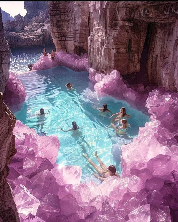 some people are swimming in the blue pool with pink rocks and water around them,