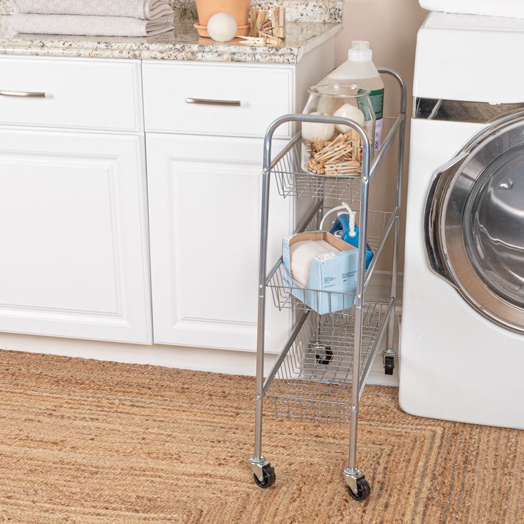 a laundry basket next to a washing machine