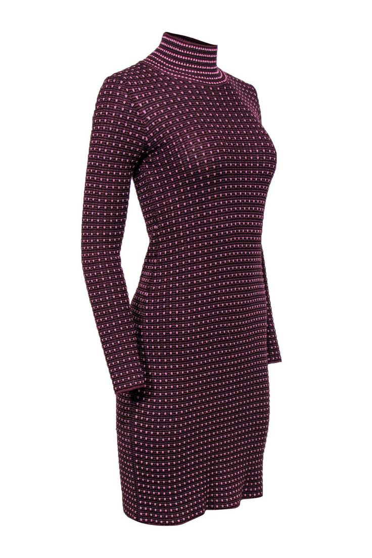 Stay chic, comfy and cozy in this knit dress from Missoni! Made with a soft ribbed knit with metallic stripes throughout, this mock neckline is a dressed up casual frock to wear with all you favorite heeled boots! Size 6 Made in Italy 82% Wool, 14% Acetate, 4% Polyester Fitted silhouette Long sleeved Mock neckline Metallic accents Knit provides stretch Waist 23" Bust 25" Total length 38.5" Knit Dress With Ribbed Neckline For Fall, Fall Knit Dress With Ribbed Neckline, Chic High Neck Ribbed Dress, Winter Fitted Dress With Ribbed Neckline, Chic Sweater Dress With Ribbed Neckline, Chic Sweater Dress With Ribbed Neckline And Stretch, Spring Ribbed Turtleneck Dress, Chic Textured Knit Stretch Dress, Ribbed Knit Turtleneck Dresses