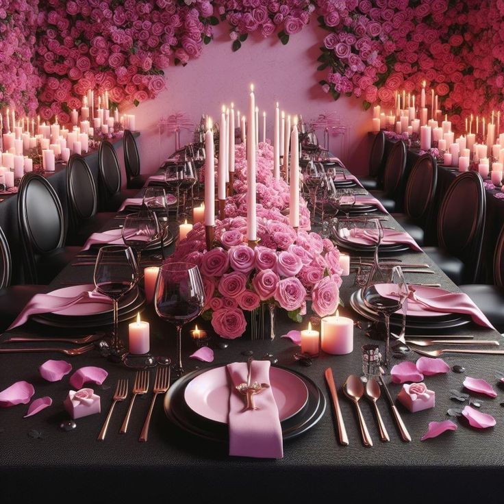 a long table is set with pink flowers and place settings for the dinner guests to enjoy