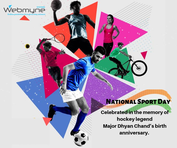 an advertisement for the national sport day featuring men and women playing soccer, with colorful geometric shapes