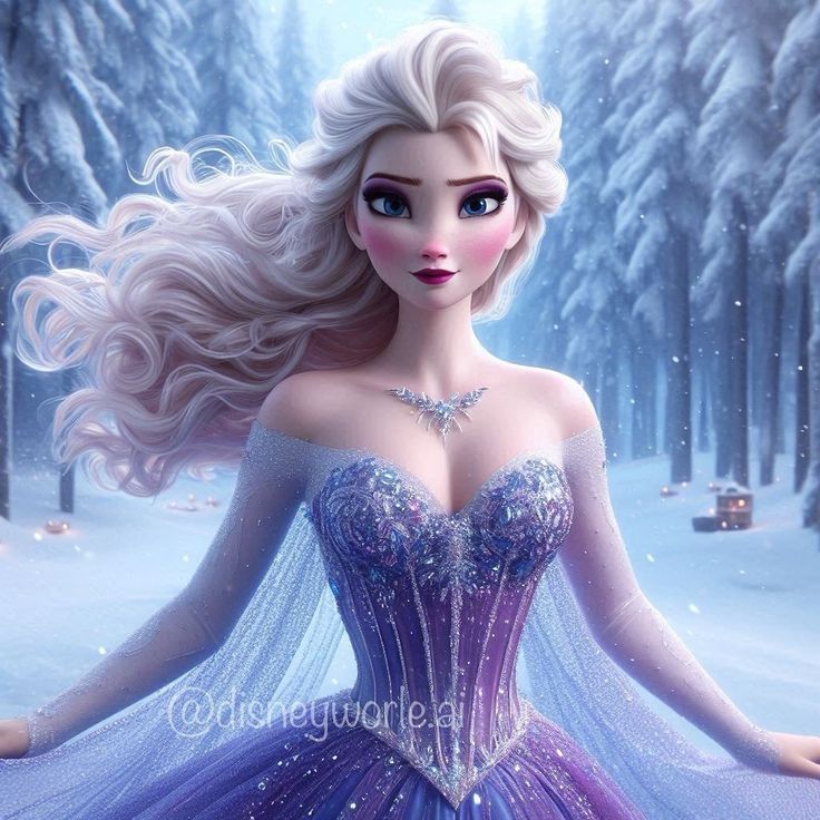 a beautiful young lady in a purple and blue dress standing in the snow with her hands on her hips